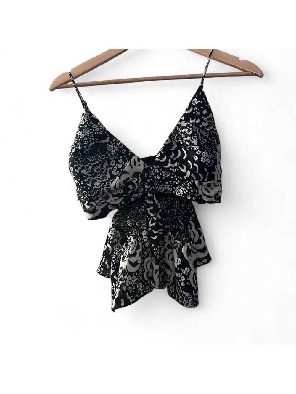 Zara Black White Printed Tie Front Peplum Cami Top XS
